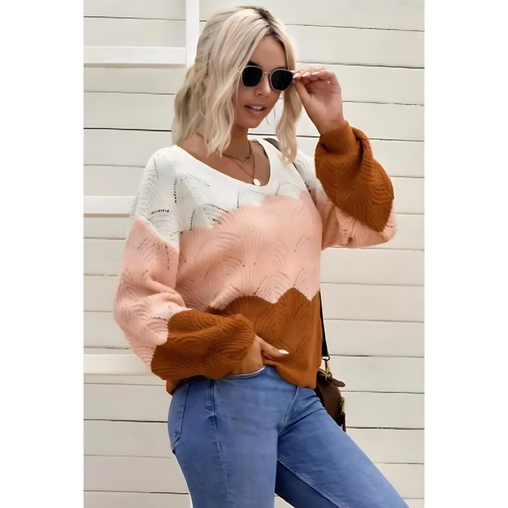 KFab Designs V-Neck Colorblock Sweater in White, Blush, Rust XL NWT - Picture 2 of 11
